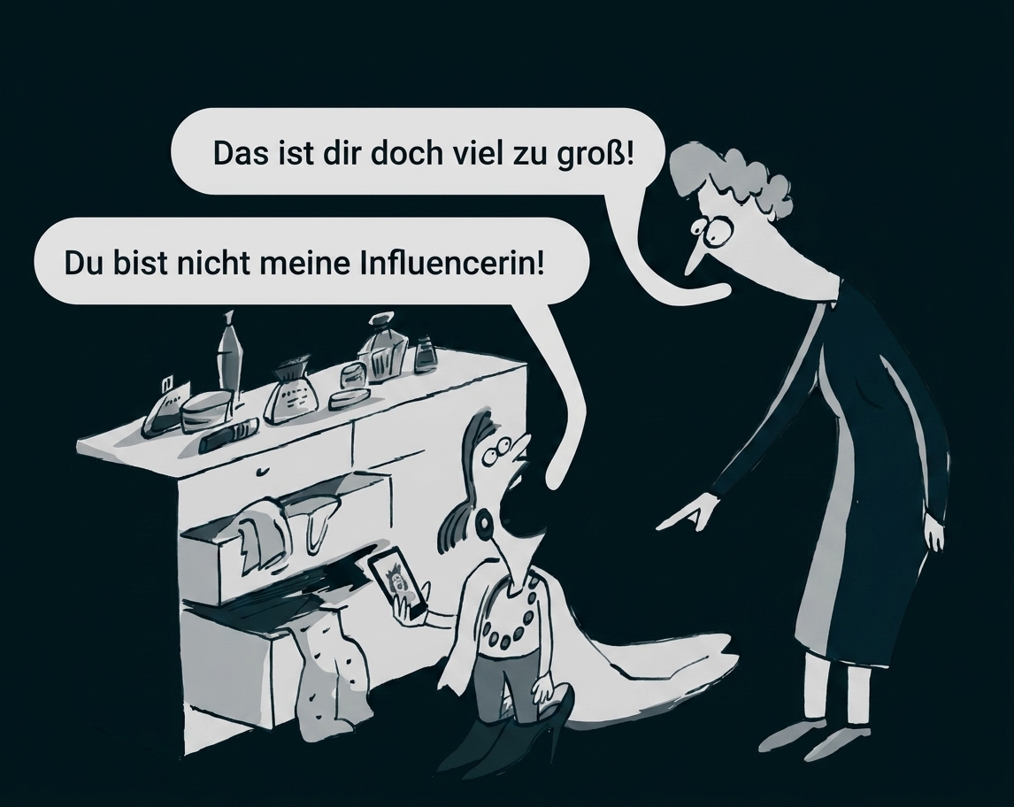 Karikatur mit zwei Frauen und einer überladenen Kommode, die eine Figur als Influencerin anspricht.